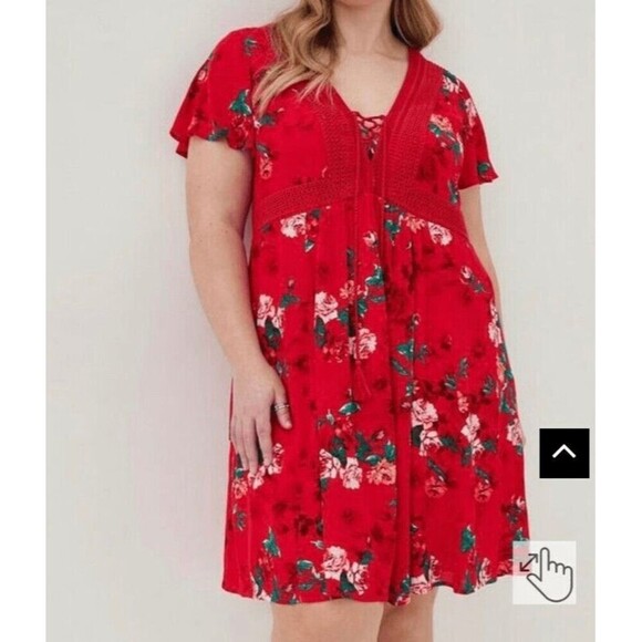 NWT Torrid Women's Flutter Sleeve Gauze Red Floral Lace-Up Skater Dress 1X - Picture 7 of 7